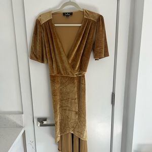Gold velvet wrap hi low dress